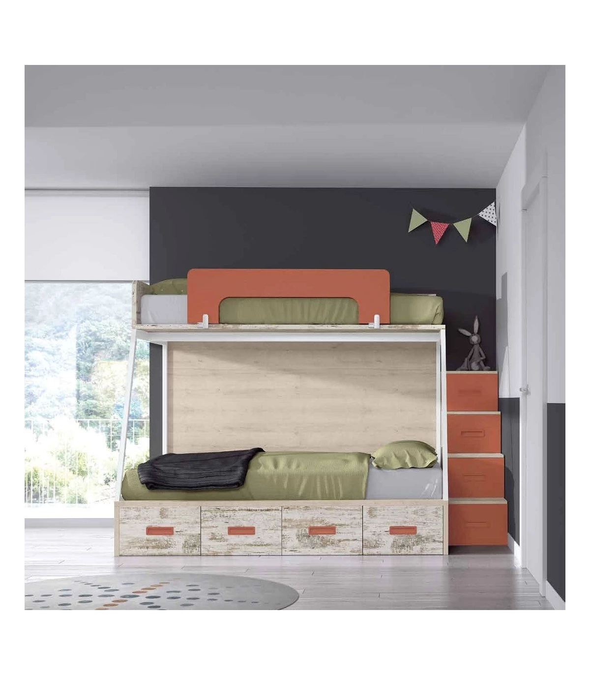 Dormitorio juvenil con cama y litera abatible haya y gris + zona de estudio