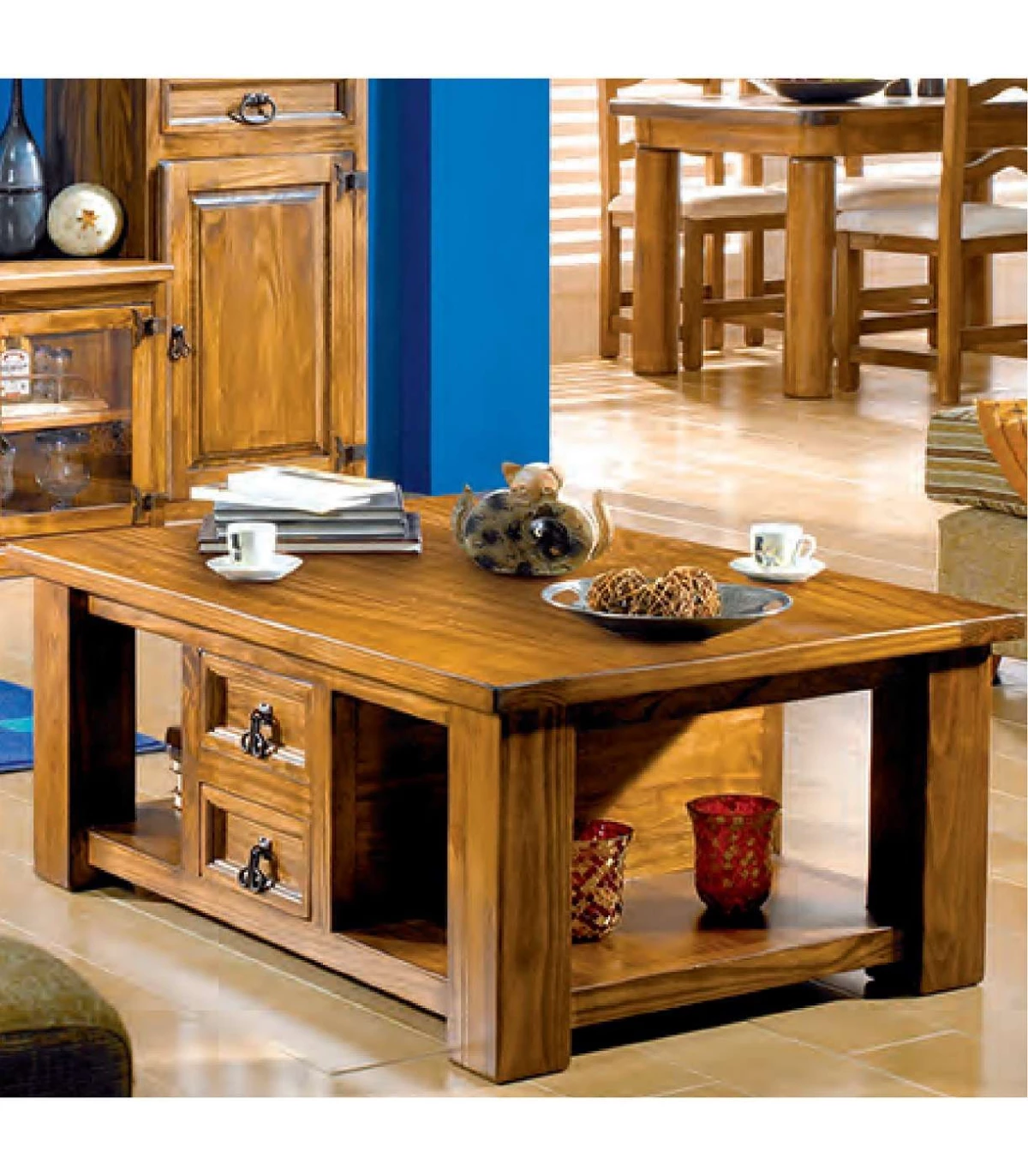 mesa centro colonial rectangular en madera de roble maciza
