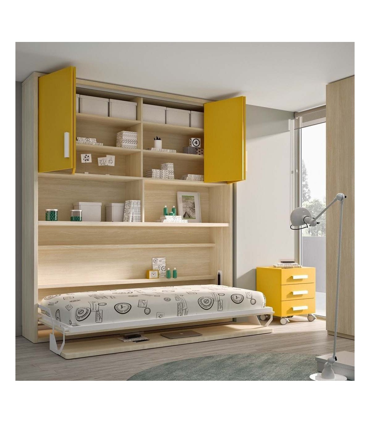 Cama abatible horizontal con escritorio plegable, armario y estantes.