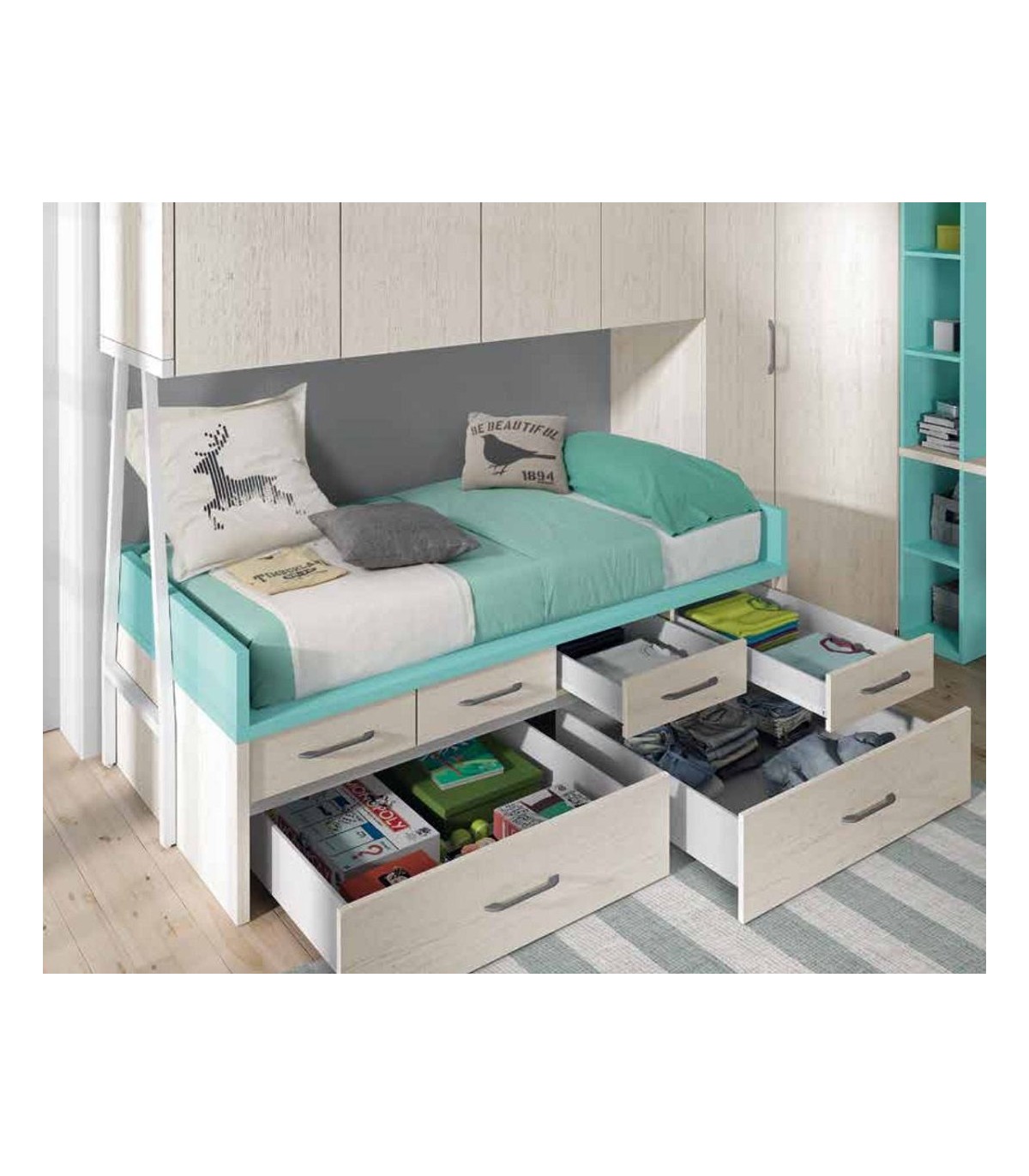 Dormitorio Juvenil con cama nido, contenedores, cajoneras