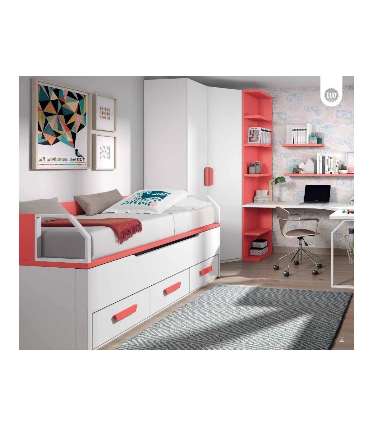 Composición dormitorio con mesa y armario color canela-jazmín-mustard.  Merkamueble