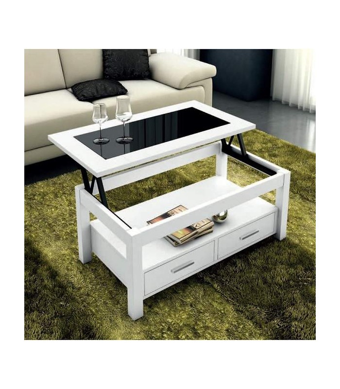 MESA DE CENTRO MODERNA ELEVABLE CON CRISTAL Y CAJONES