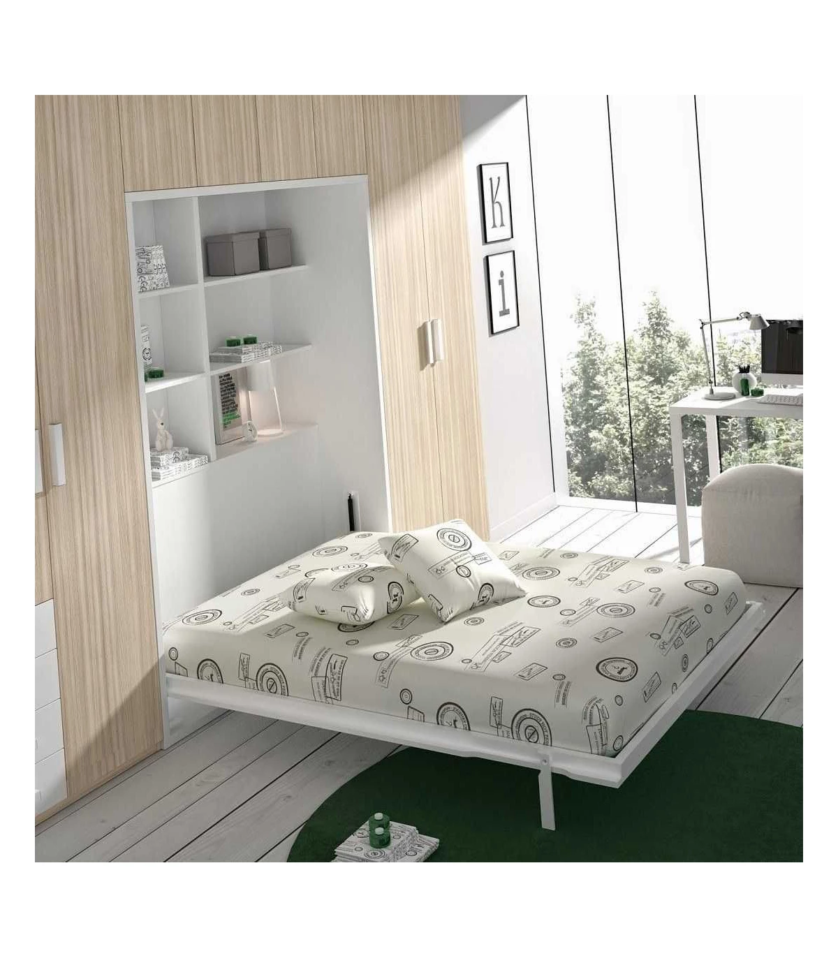 Dormitorio cama matrimonial abatible con altillo y armarios laterales